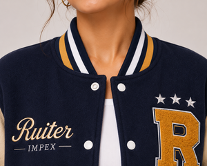 <b>Women's</b> Navy <b>Beige</b> Letter R Embroidered Varsity <b>Jacket</b> Preppy Style Turn-down Collar Front Logo Regular Fit - Product Image 5