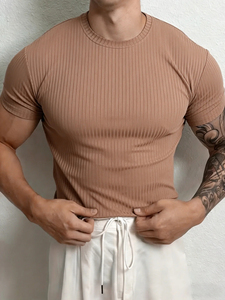 Camiseta de Manga Corta para Hombre, Negra, Acanalada, Corte Ajustado, Cuello Redondo, Tejido de Punto, Color Sólido, Transpirable, 100% Algodón, Ecológica, Excelente - Product Image 3