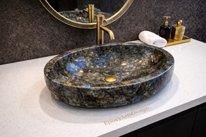 อ่างล้างหน้าหินลาบราดอไรต์สุดหรู พร้อมเคาน์เตอร์หินอ่อนสีน้ำเงิน อ่างล้างหน้าทรงรีทันสมัยสำหรับห้องน้ำในโรงแรมหรือวิลล่า - Product Image 3