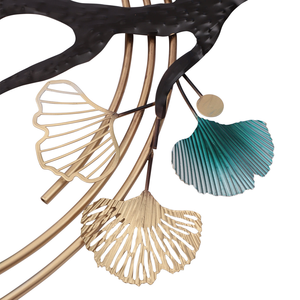 Sculpture murale en métal en forme de branche d'arbre, feuille de Ginkgo, œuvre d'art botanique avec accents floraux bleus et dorés pour la décoration moderne de la maison - Product Image 5