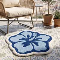 Premium Woll-Teppich mit Blauem Hibiskus-Blumenmuster, Handgetuftet, Rutschfest, Geometrisches Design für Wohnzimmer, Schlafzimmer und Heimdekoration