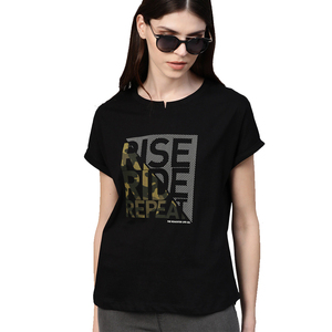 Women's Black Cotton T-Shirt Rise Ride <b>Repeat</b> Solid Short Sleeve O-Neck Casual Slim Fit Summer High Quality Quick Dry Breathable - Product Image 1