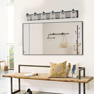 Lámpara de Baño Estilo Rústico de 49 Pulgadas con 6 Luces, Pantallas de Vidrio Transparente con Diseño de Grano de Madera Negra, Aplique de Pared - Product Image 4