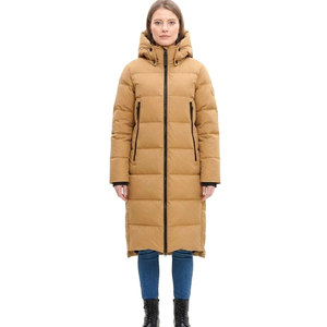 Meilleur manteau long matelassé kaki uni à capuche pour femme, doudoune longue d'hiver avec capuche et taille ajustable par cordon de serrage - Product Image 1