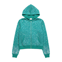 Sweat à capuche zippé surdimensionné avec strass, logo personnalisé, mélange de coton premium, entièrement orné de strass, pour hommes