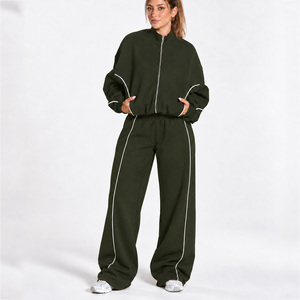 Conjunto Deportivo de Dos Piezas para Mujer, Chaqueta Holgada con Cierre Completo y Pantalones Anchos a Juego, Estilo Casual - Product Image 1