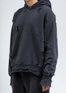 Heavyweight French Terry Drop Shoulder Distressed Hoodies Men's Clothing Acid <b>Wash</b> Vintage Distress Ripped Hooded Breathable - Product Image 2