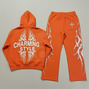French Terry Zipper Hoodie and <b>Sweatpants</b> <b>Set</b> 100%cotton flare track suits custom puff printing acid wash track suits - Product Image 2
