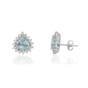 Boucles d'oreilles luxueuses en or blanc 18 carats pur, serties d'aquamarine et de diamants taille trillion, 100 % authentiques, pour femme - Product Image 3