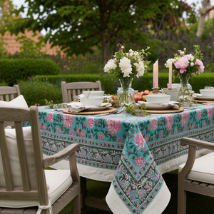 Mohini Green Gud Christmas <b>Tablecloth</b> 180x270cm Handcrafted Block Printed 100% Cotton Holiday Dining Table Decor Style - Product Image 4
