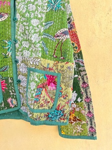 Patchwork <b>Quilted</b> Cotton Kantha Jacket O Neck Button Front Full Sleeve <b>Summer</b> Women's Jacket with Hand Embroidery - Product Image 2