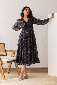 Vestido Midi Romántico de Gasa con Estampado Floral, Cuello con Volantes, Manga Larga, Corte en A, Holgado, Casual de Primavera, Elegante para Mujer - Product Image 2