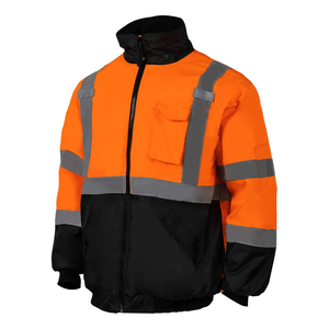 Men's High Visibility Work <b>Jacket</b> Orange Black Reflective Stripes Windproof <b>Fleece</b> <b>Lined</b> Zipper Closure Pockets Winter Wear - Product Image 1
