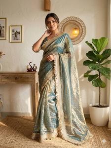 Sari en mousseline de soie pour femme avec bordure brodée, tissu léger et fluide pour mariage, cérémonie ou tenue traditionnelle - Product Image 3