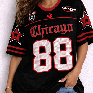 Camiseta de fútbol americano de malla bordada roja y negra al por mayor, con logo personalizado, ropa deportiva, camiseta de juego de temporada, servicio OEM cosido - Product Image 4