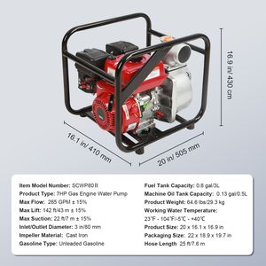Pompa Acqua a Benzina 7HP 265 GPM, Motore a 4 Tempi, Pompa per Trasferimento Acque Reflue con Sollevamento 142ft, Aspirazione 22ft, Porta da 3 Pollici - Product Image 2