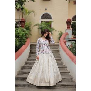 Livewear Women's <b>White</b> Party Wear <b>Top</b> and Lehenga Set <b>with</b> Thread-<b>Sequins</b> Embroidery - Product Image 4