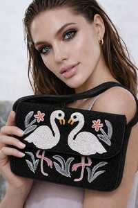 Sac à main lavable en tissu noir avec motif cygne brodé à la main, perles de verre rectangulaires, thème animalier - Product Image 2
