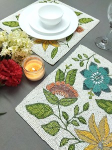 Handmade Beaded Floral Table Mat <b>Rectangle</b> Bohemian Style Fabric Decorative <b>Placemat</b> with Yellow Green Blue Flowers - Product Image 4