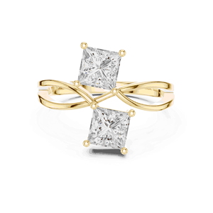 Bague de fiançailles unisexe Toi et Moi en or massif 18 carats, couleur E, double taille princesse, à quatre griffes partagées, avec tige fendue croisée - Product Image 1