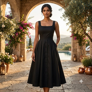Elegante Vestido Midi Negro sin Mangas con Cuello Cuadrado, Estilo Vintage para Fiesta, Cóctel o Noche, con Dobladillo Acampanado, Moda Casual Chic para Mujer - Product Image 4