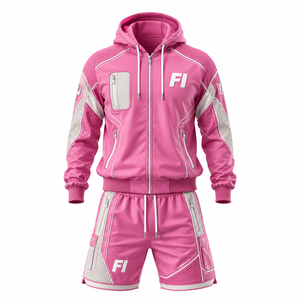 Custom Zip up Sweatsuit Shorts Applique <b>Patch</b> Embroidery Distresses Acid Wash Hoodie Tracksuit Flared Sweatpants men's <b>jackets</b> - Product Image 3