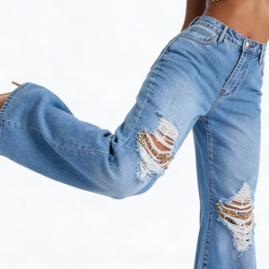 Ripped Casual Beading Distressed Oversized Denim <b>Jeans</b> Ultra-<b>Soft</b> Breathable Eco-Friendly Women Premium Quality Fabric - Product Image 4