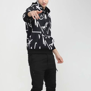 เสื้อฮู้ดดี้สีดำสำหรับผู้ชาย พิมพ์ลายขาวแบบนามธรรม ทรงปกติ ผ้าถักโพลีเอสเตอร์ สวมใส่สบายๆ ในฤดูใบไม้ร่วง - Product Image 4