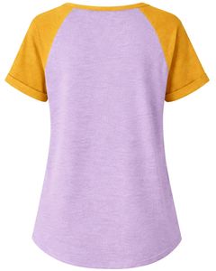 T-shirt pour femme en coton doux, coupe ample décontractée, manches courtes, col Henley, manches raglan, couleurs lavande et jaune moutarde, idéal pour l'été - Product Image 2