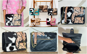 Wholesale Handmade Genuine Leather Black & White Hair On Cowhide Crossbody Bag with Hand Tooled Floral Design Messenger Bags - Product Image 3