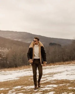 <b>Men</b>’s Shearling B3 <b>Flying</b> Bomber Sheepskin <b>Leather</b> Coat - Product Image 5