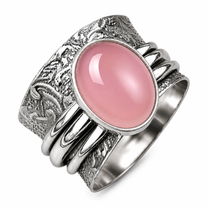 JewelryTownIN Natural Pink Chalcedony Vintage Wide Band Silver Plated Bohemian Spinner <b>Ring</b> for Women Party Jewelry - Product Image 1
