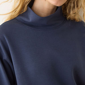 Sweat-shirt à col roulé bleu marine pour femme, manches longues, tricoté en coton et fibre de bambou, respirant, coupe classique, idéal pour l'automne - Product Image 3