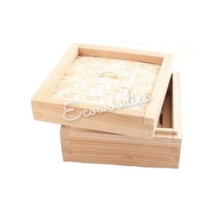 Cuiseur à vapeur carré de boulettes de bambou naturel écologique fait à la main avec couvercle avec couvercle de style Dim Sum pour la nourriture chinoise - Product Image 1