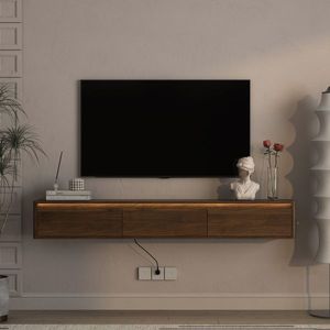 Meuble TV mural flottant en bois laqué brillant avec éclairage LED et prise électrique pour salon - Product Image 6