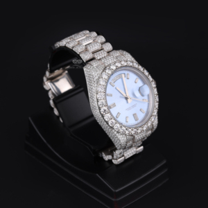 Montre de luxe pour homme en acier inoxydable, automatique, avec cadran bleu ciel, sertie de moissanite et de diamants taille baguette, style Hip Hop Bling - Product Image 2