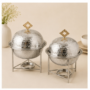 Juego de Ollas de Acero Inoxidable Martillado con Asas Doradas, Olla Redonda para Calentar Alimentos, Cazuela para Buffet de Bodas y Decoración de Mesa Árabe - Product Image 3
