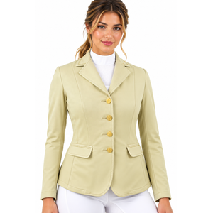 Veste d'équitation pour femme, couleur crème, pour concours d'équitation, avec boutons dorés scintillants, coupe ajustée et manches longues. - Product Image 1