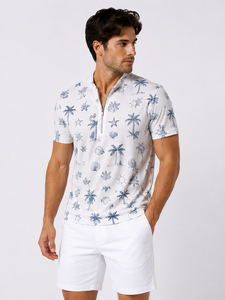 Polo de Manga Corta con Cierre de Media Cremallera y Estampado Playero Blanco para Hombre, Transpirable, Ropa Casual de Verano, Proveedor de Fábrica OEM Personalizado al por Mayor - Product Image 4
