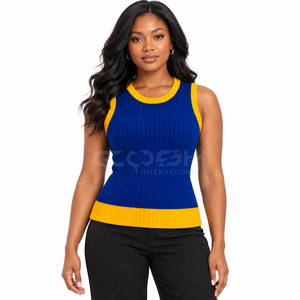 Cosh International Sisterhood Sorority Blue <b>Yellow</b> Contrast Knitted Sleeveless <b>Tank</b> <b>Top</b> O-Neck Casual Wear - Product Image 1