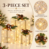 Ensemble de 3 boîtes cadeaux de Noël lumineuses avec filet crème et ruban argenté pour la décoration intérieure des fêtes