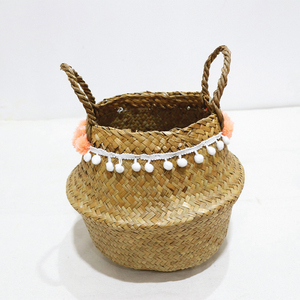 Panier de rangement en feuilles de palmier naturelles avec poignées, forme de bol, style rustique, multi-usages, garniture décorative en pompons - Product Image 6