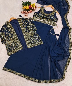 Sari Bordado con Chaqueta, Traje Tradicional de Boda para Mujer, Corte Regular, Estilo India Pakistán 86702 HV 9319 - Product Image 3