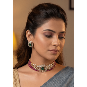 Indian Ethnic Disha Premium Victorian Gold Plated Women's Bridal Choker Necklace & Earrings Set - Product Image 1