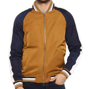 MEN'S CASUAL MUSTARD YELLOW AND NAVY BLUE COLOR BLOCK BOMBER JACKET STRIPED SLEEVE BASEBALL STYLE ZIPPER OUTERWEAR <b>COAT</b> - Product Image 2