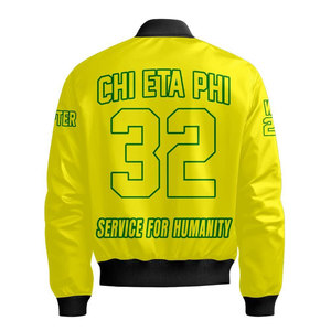 เสื้อแจ็คเก็ตบอมเบอร์สีขาวสำหรับผู้ชาย ยี่ห้อ Chi Eta Phi ตัวอักษรสีเขียว ซิปด้านหน้า สไตล์ลำลอง พร้อมดีไซน์ลายปะติด - Product Image 6