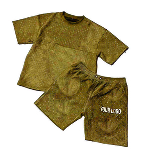 Ensembles de t-shirts personnalisés pour hommes avec logo, ensembles courts d'été 2 pièces avec strass, 100% coton French Terry respirant - Product Image 4