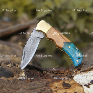 UA Supplies Industrial Grade Damascus Steel Drop Point Knife Pearl Resin Handle Brass Accents Blue Inlay 6.5 Overall Knife - Product Image 2