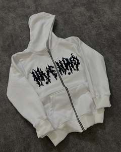 Custom Heavyweight <b>White</b> Zip Up Hoodie French Terry Black Screen Print <b>Mens</b> Streetwear <b>Sweatshirt</b> Wholesale - Product Image 2