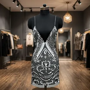 Black Mash <b>Silver</b> Sequin <b>Evening</b> <b>Dress</b> Sleeveless Mini Party <b>Dress</b> Deep V Neck Bodycon Cocktail <b>Dress</b> for Women - Product Image 1
